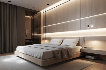 Fototapeta na wymiar Refined Bedroom with Soothing Natural Light, Luxurious Bedding, and Stylish Decor..