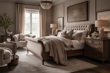 Exquisite 3D Rendered Bedroom Featuring Natural Light, Upscale Furniture, and Elegant Design Accents..