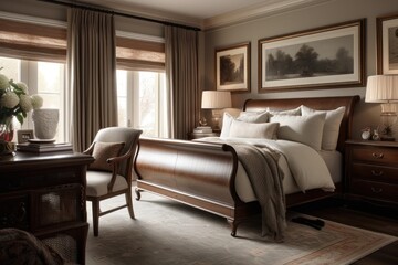 Fototapeta premium Exquisite 3D Rendered Bedroom Featuring Natural Light, Upscale Furniture, and Elegant Design Accents..