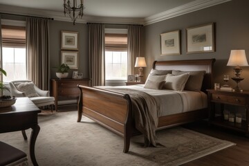 Obraz premium Exquisite 3D Rendered Bedroom Featuring Natural Light, Upscale Furniture, and Elegant Design Accents..