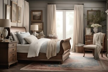 Exquisite 3D Rendered Bedroom Featuring Natural Light, Upscale Furniture, and Elegant Design Accents..