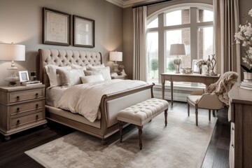 Fototapeta premium Exquisite 3D Rendered Bedroom Featuring Natural Light, Upscale Furniture, and Elegant Design Accents..