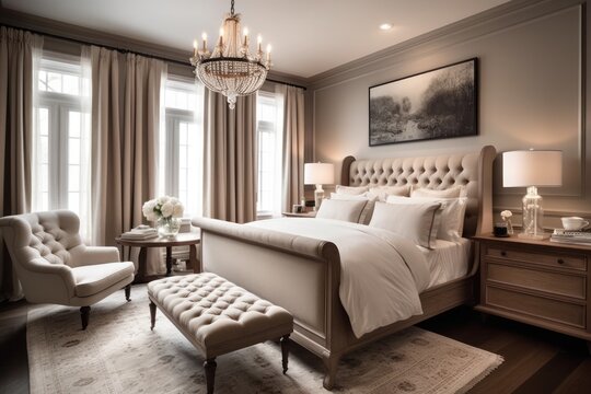 Exquisite 3D Rendered Bedroom Featuring Natural Light, Upscale Furniture, and Elegant Design Accents..