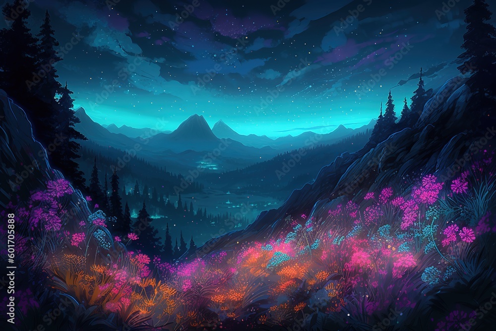 Poster an image depicting a nighttime setting with mountains and flowers generative ai