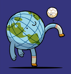 Football planet. Planet Earth practicing with soccer ball. Soccer character isolated vector illustration.
