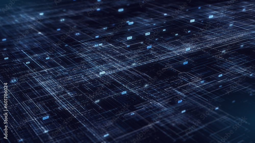 Poster Digital binary code data technology, complexity and data flood, online business concept, dark blue