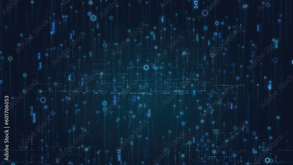 Poster data technology background, code hexagon digital grid line rise up, dark blue, big data concept