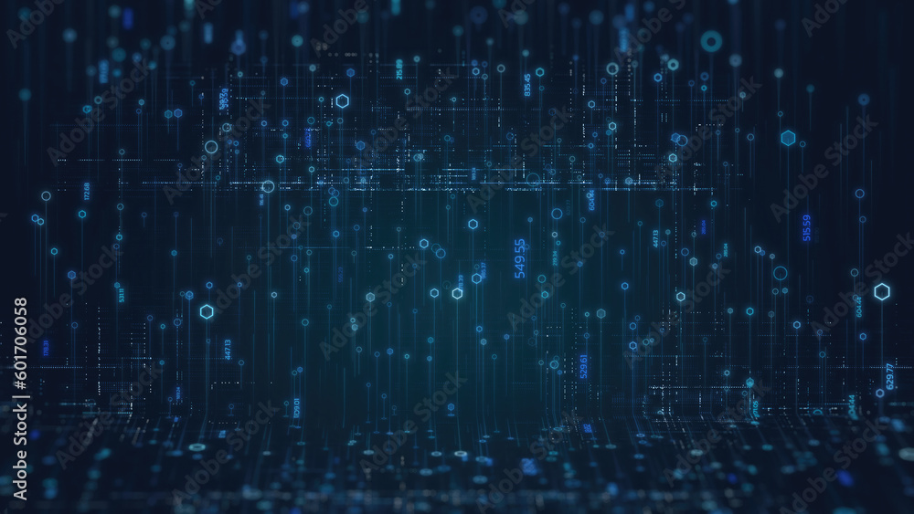 Poster data technology background, code hexagon digital grid line rise up, dark blue, big data concept