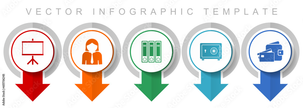 Poster seminar icon set, miscellaneous pointer icons such as board, woman, archive, safe and money for webd
