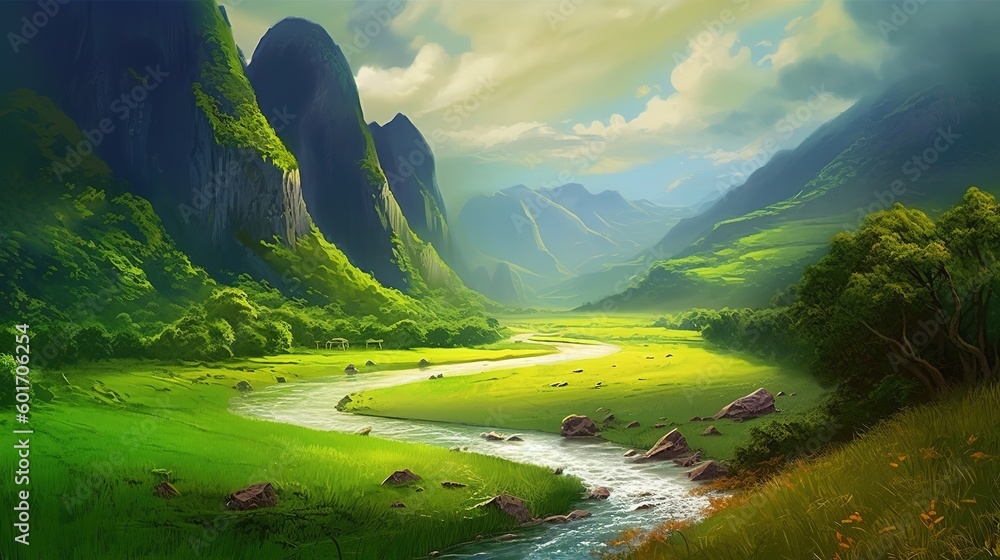 Poster an image depicting a mountain valley with a river cutting across the middle of it generative ai