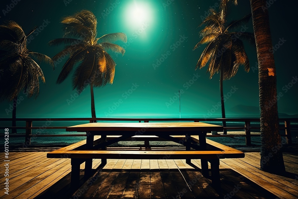 Poster a wooden deck with a picnic table affixed to the top of it generative ai