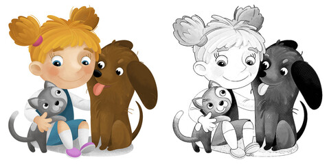 cartoon scene with school girl playing and having fun with dogs illustration for children sketch