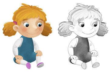 cartoon scene with young girl having fun playing leisure free time isolated illustration for children sketch