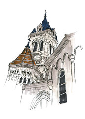 Fototapeta premium Ancient architecture. Facade of the house. Architectural sights. Church. Temple. City buildings. Urban architecture. Old designs. Chapels and towers. Historical building