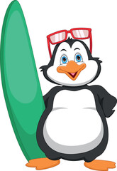 cute penguin with a surfboard