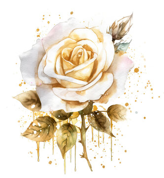 A painting of a white rose with gold leaves and a white rose with Generative AI