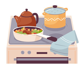 Kettles and pots on the kitchen stove. Pasta with vegetables and soup are cooked on the stove. Home cooking. Cartoon flat vector illustration.