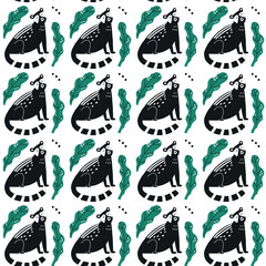 Civet palm cat with tropical leaf surface pattern. Seamless background vector civet palm cat. Asian animals stylish trendy fabric design paper