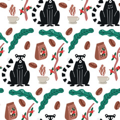 Cute Kopi Luwak with coffee surface pattern. Seamless background vector civet palm cat. Asian animals stylish trendy fabric design paper