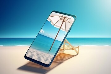 Fototapeta na wymiar concept phone up mock palm cyber sea sand summer creative holiday. Generative AI.