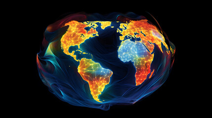 The illustration is a close-up of the earth, with the continents made out of light. The light is flowing in all directions, representing the flow of information around the world. 