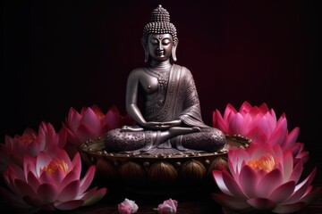 Buddha statue meditating on lotus lily flower