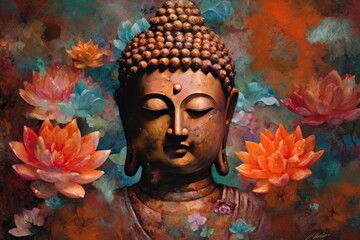 Buddha statue meditating on lotus lily flower - obrazy, fototapety, plakaty
