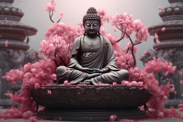 Buddha statue meditating on lotus lily flower