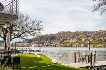 Fototapeta na wymiar View from Baselga di Pine on Lake Serraia, Trentino Alto Adige, Italy
