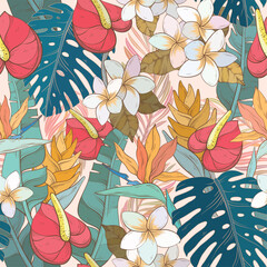 Tropical pattern with exotic flowers and leaves - 601708805