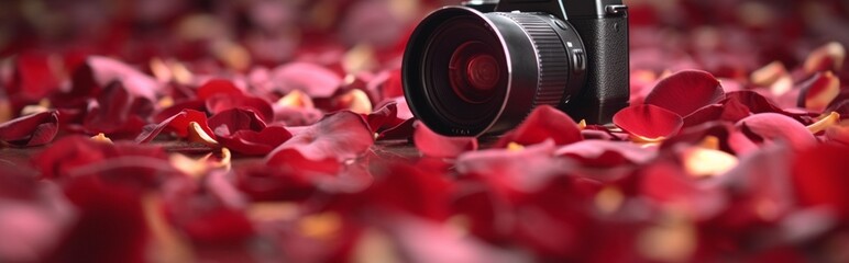 Fototapeta na wymiar A The camera is surrounded by red rose petals Generative AI