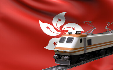Hong Kong country national flag with speed trains railroad locomotive tourist traveling path international journey infrastructure concept 3d rendering image