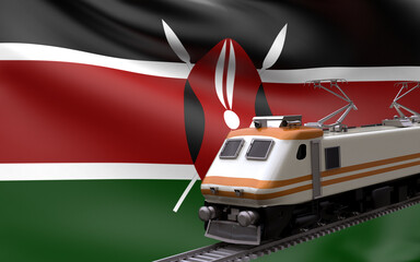 Kenya country national flag with speed trains railroad locomotive tourist traveling path international journey infrastructure concept 3d rendering image