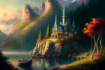 An enchanting illustration of a fairytale fantasy world, featuring magical landscapes, and a dreamy atmosphere, generative ai