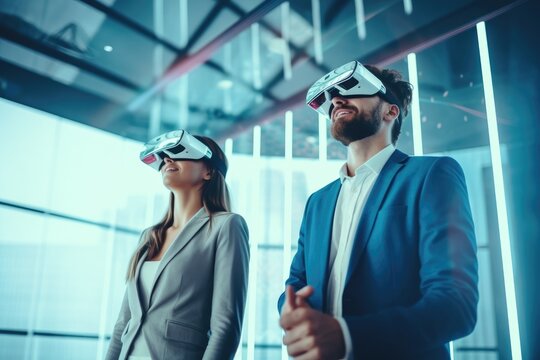 Futuristic vision of using VR AR immersive technology in business, attractive businesswoman and businessman using VR AR equipment, created with Generative AI
