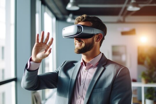 Futuristic vision of using VR AR immersive technology in business, handsome businessman using VR AR equipment, created with Generative AI
