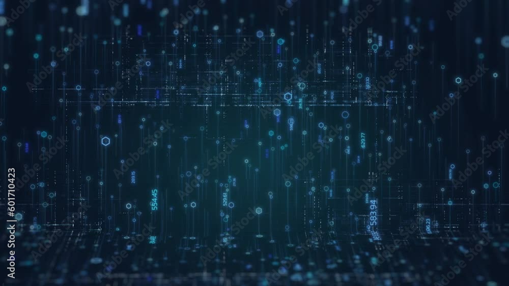 Poster data technology background, code hexagon digital grid line rise up, dark blue, big data concept