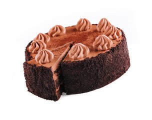 Chocolate Cake with Chocolate Fudge Drizzled Icing and Chocolate Curls isolated