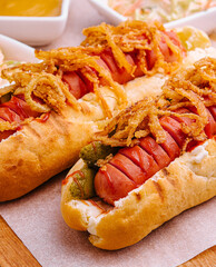 Delicious Gourmet Grilled Hot Dogs With Mustard, Pickles, Onion