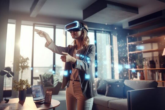 Futuristic vision of using VR AR immersive technology in business, attractive businesswoman using VR AR equipment, created with Generative AI
