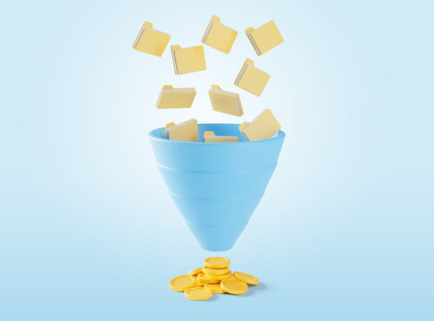 Folders fall into the sales funnel as a symbol of information, which bring coins as a symbol of profit. 3d render