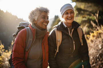 Active retired interracial lesbian couple hiking outdoors. Generative AI