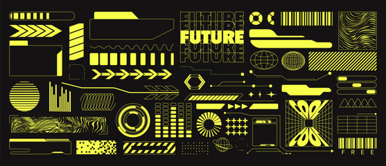 Naklejka premium Abstract shapes in trendy y2k style. Geometric elements with futuristic shapes, frames and backgrounds for websites, flyers, posters, etc.