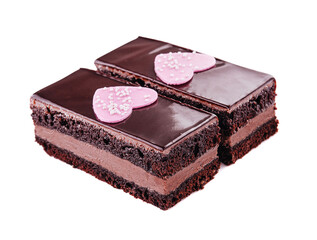 slices of cake in chocolate icing isolated on white