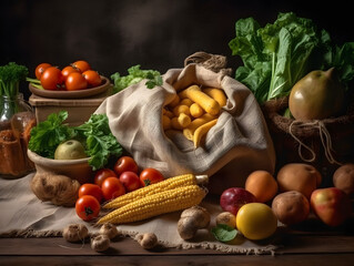 Fresh vegetables in eco-cotton bags on the table on dark background