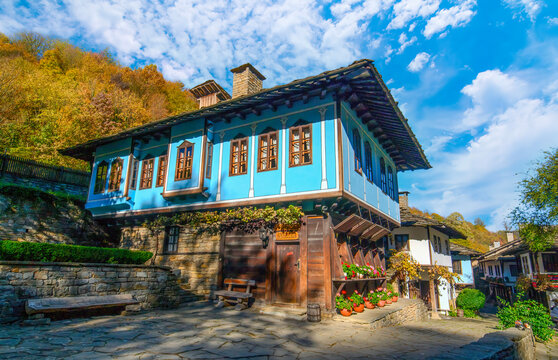 Etar, Bulgaria - 21.10.2022: Old traditional Bulgarian house in Architectural Ethnographic Complex Etar (Etara) near town of Gabrovo. Open Air Museum at summer time. History tourism
