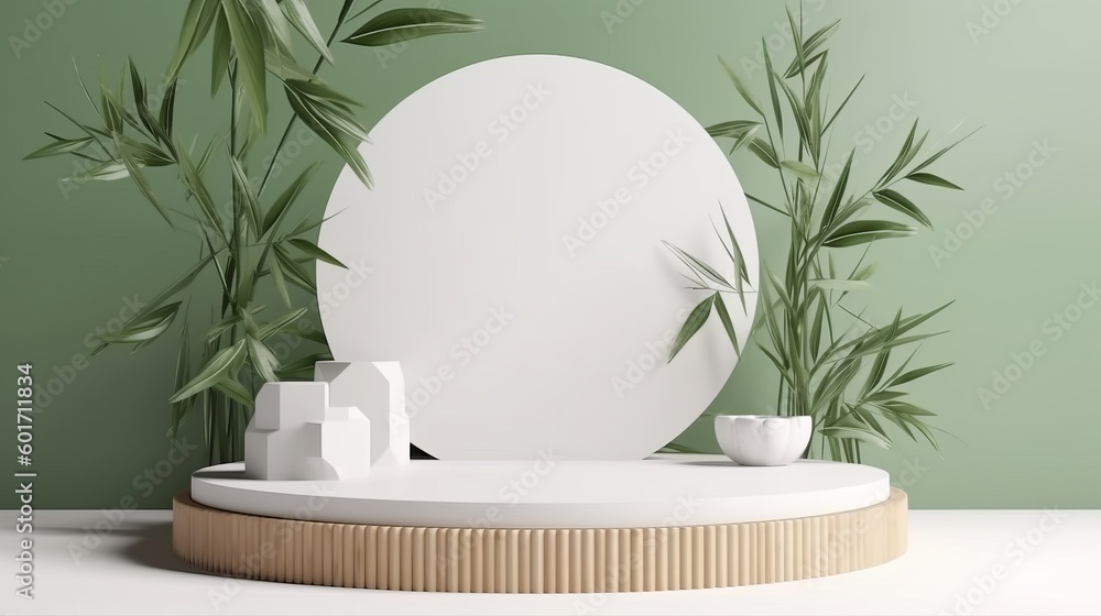 Poster bamboo product display podium for natural product. empty scene with bamboo branch. generative ai