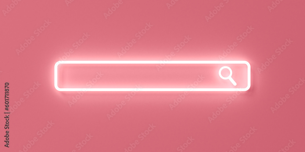 Poster Minimal blank neon light search engine bar isolated on pink pastel color background with shadow minimalism conceptual 3D rendering