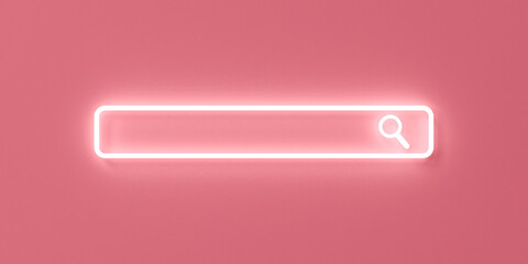 Minimal blank neon light search engine bar isolated on pink pastel color background with shadow minimalism conceptual 3D rendering