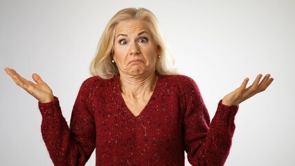 Portrait of caucasian mature woman in casual outfit shrugging, and throwing up hands with helplessness, over white background. Concept of emotions